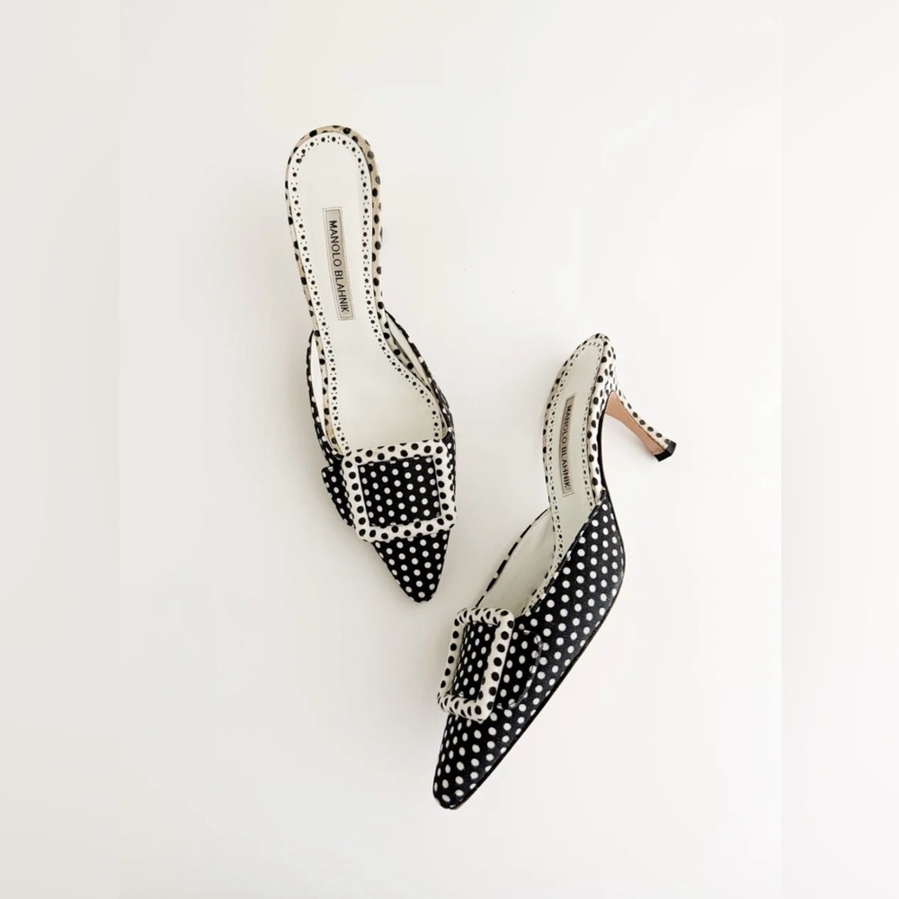 Manolo Blahnik Midnight Polka Dot Buckle Mule Heels size 8.5